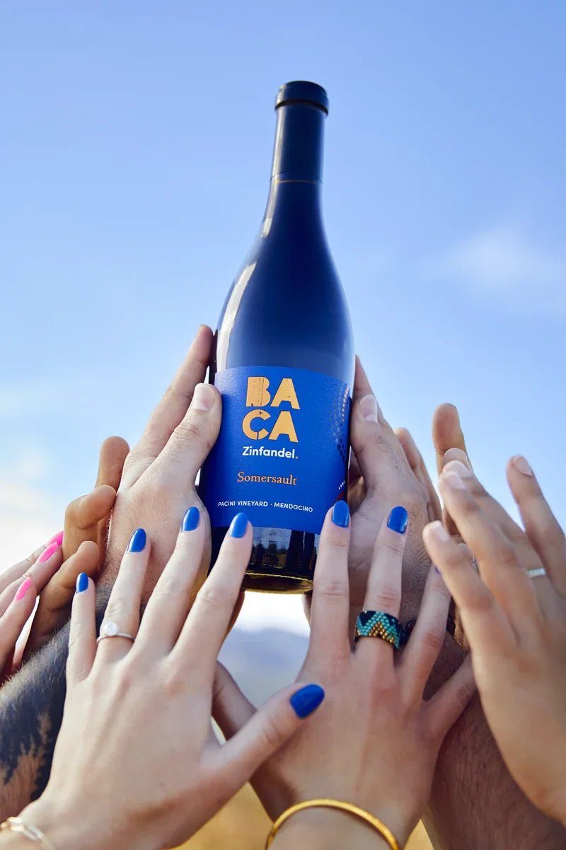 Bottle of Baca Zinfandel held aloft by multiple people with a clear blue sky background