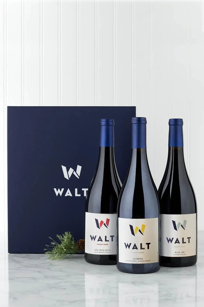 Image of WALT Appellation Trip Holiday gift set containing 3 bottles of WALT Pinot Noir and a blue WALT branded gift box.